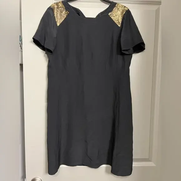Madewell Black Silk & Gold Sequin Shoulder Accent Back Ribbon Cutout Dress - Picture 1 of 12